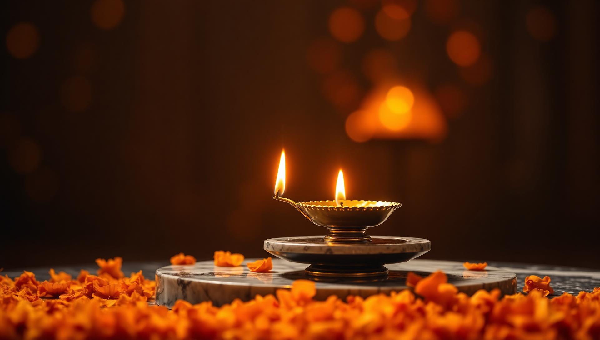 Brass diya oil lamp surrounded by marigold petals symbolising love restoration